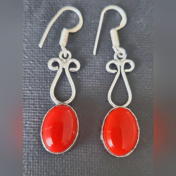 Coral Natural Stone Earrings Sterling Silver - Picture 1 of 2